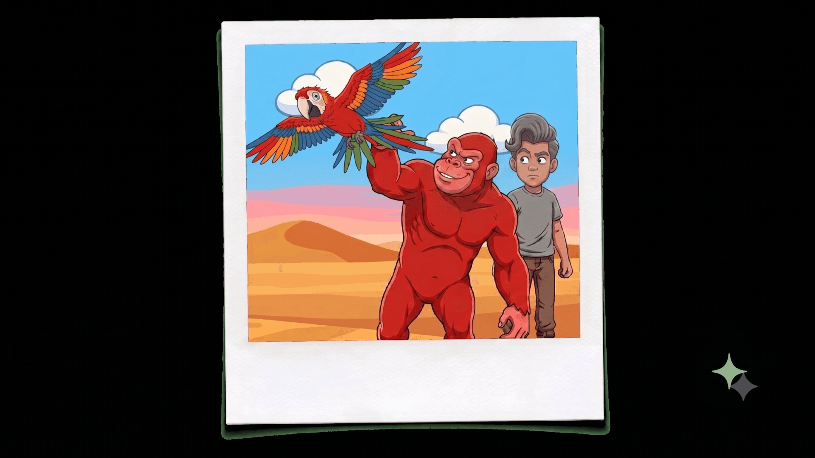 A red gorilla holding a parrot, walking through the desert with a man